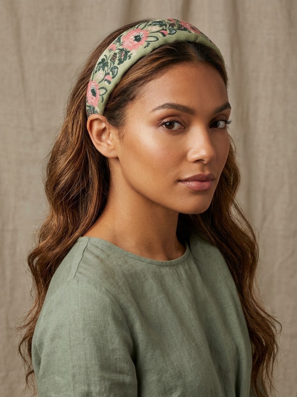 Boutique New Embroidered Headband Boho Green Pink